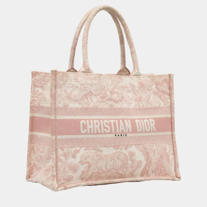 Medium Dior Book Tote Ecru and Pink Toile de Jouy Embroidery