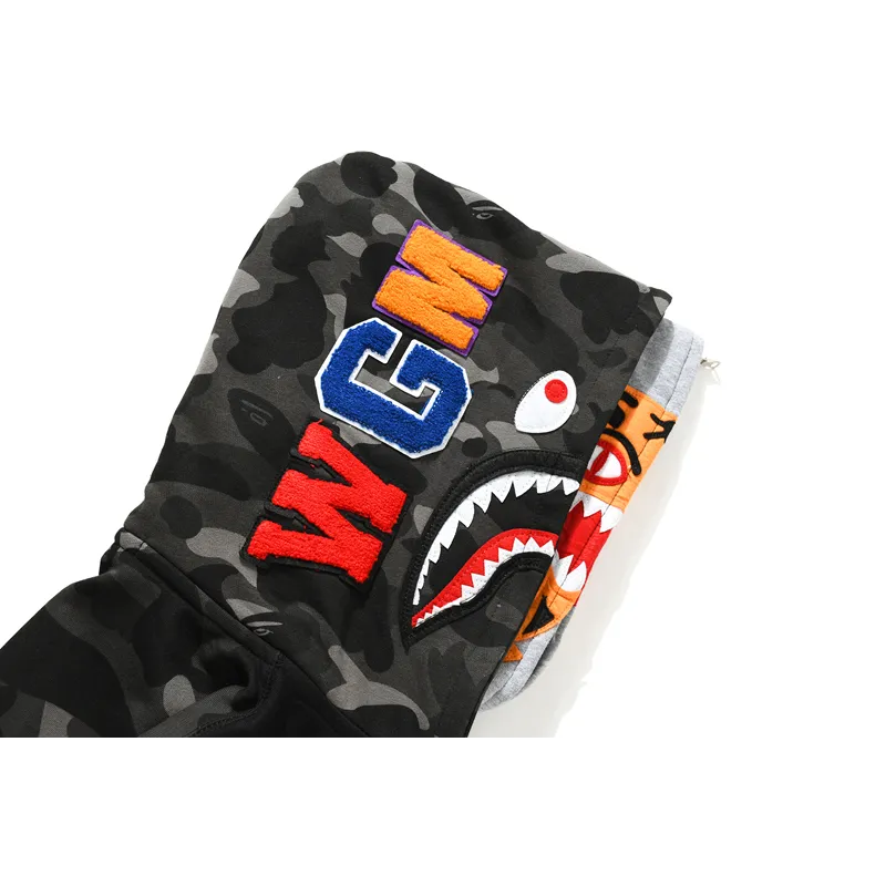 bape tiger head double hood camouflage patchwork hoodie