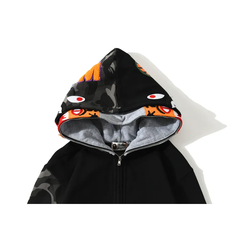 bape tiger head double hood camouflage patchwork hoodie