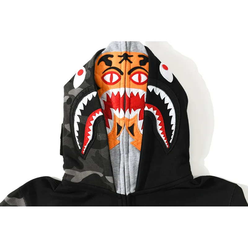 bape tiger head double hood camouflage patchwork hoodie