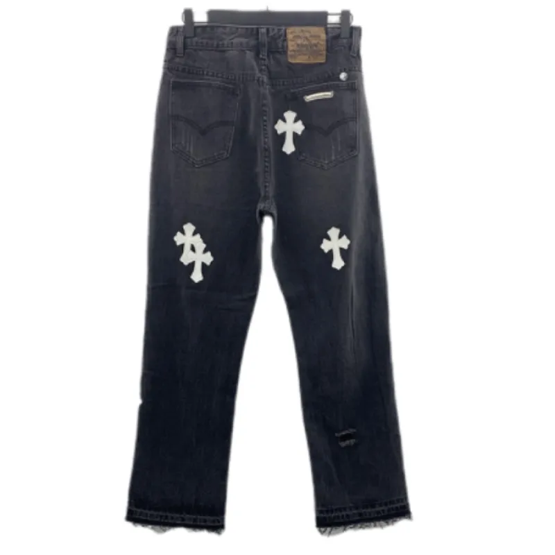 chrome heart cross stitched lather jeans