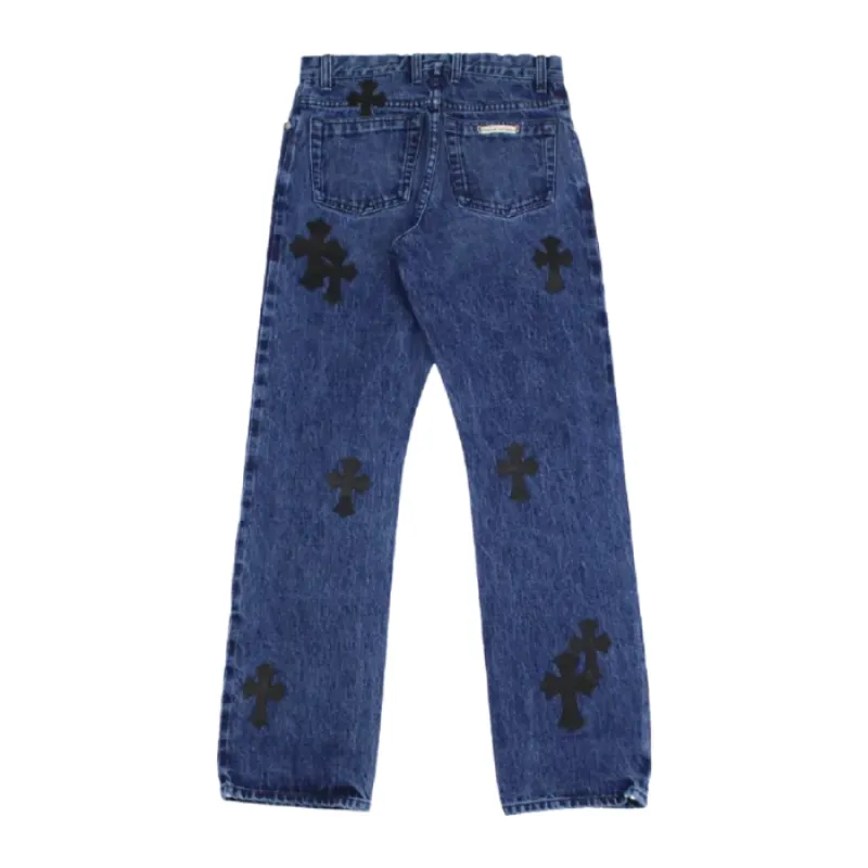 chrome hearts cross leather patches jeans