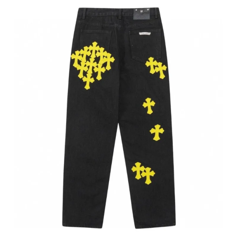 chrome hearts distressed yellow jeans