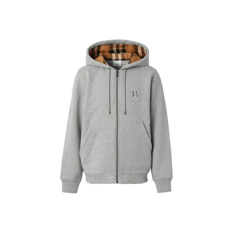 Burberry Letter Graphic Cotton Blend Zip Hoodie Pale Grey Melange