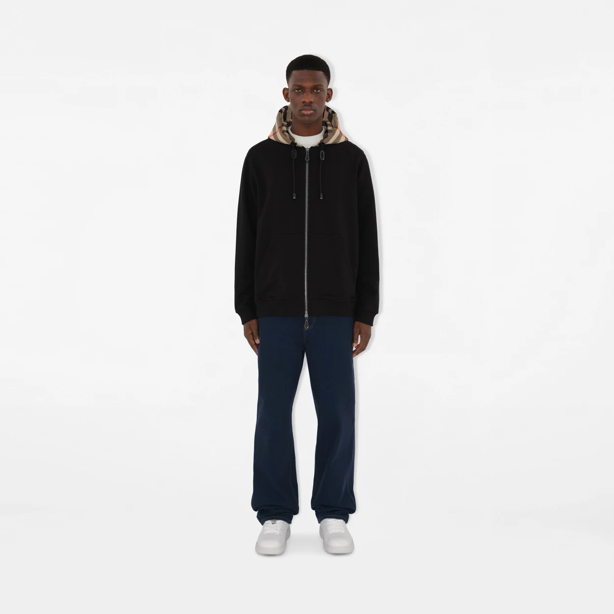Burberry Zip Up Hoodie With Check Hood Black/Brich Brown