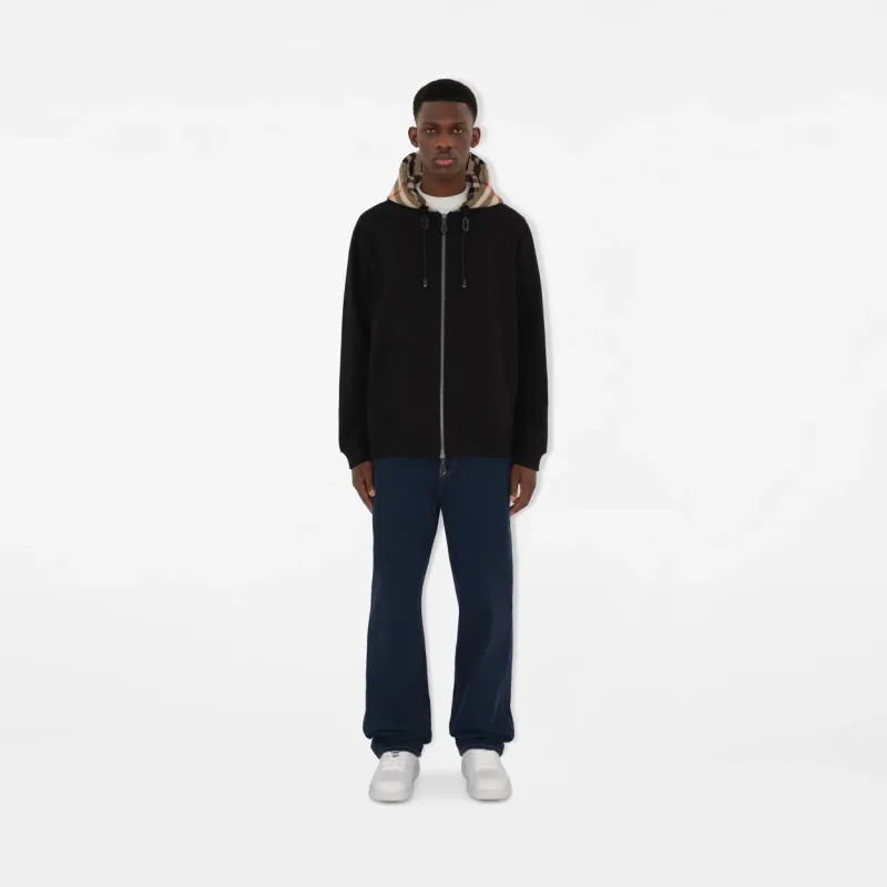 Burberry Zip Up Hoodie With Check Hood Black/Brich Brown
