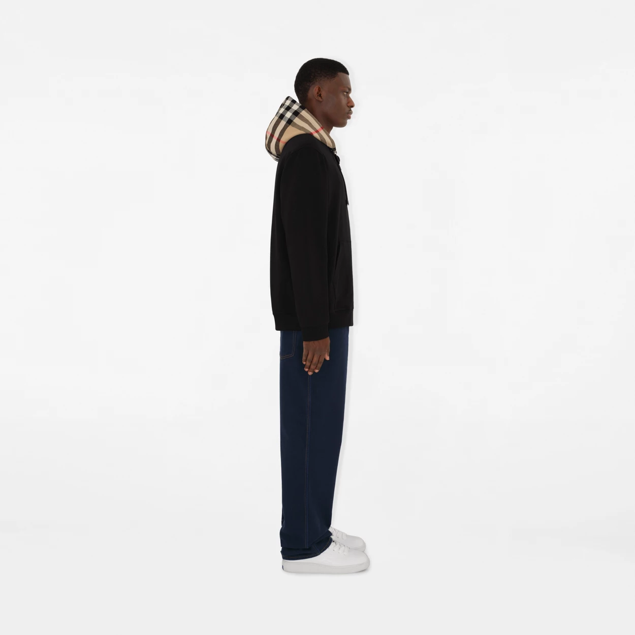 Burberry Zip Up Hoodie With Check Hood Black/Brich Brown