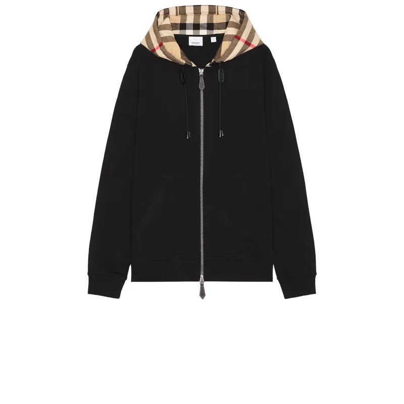 Burberry Zip Up Hoodie With Check Hood Black/Archive Beige