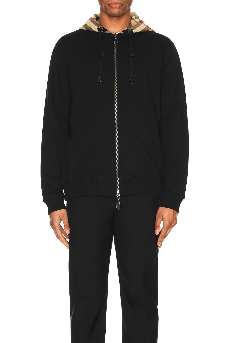 Burberry Zip Up Hoodie With Check Hood Black/Archive Beige
