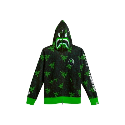 BAPE x Razer Neon Camo Shark Full Zip Hoodie Black Green 01