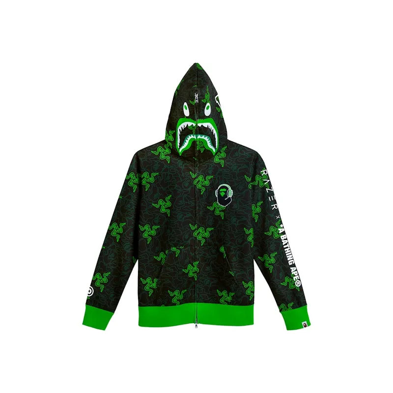 BAPE x Razer Neon Camo Shark Full Zip Hoodie Black Green