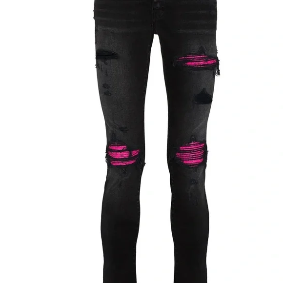 Amiri Distressed MX1 Slim Fit Cracked Jean Black and Pink
