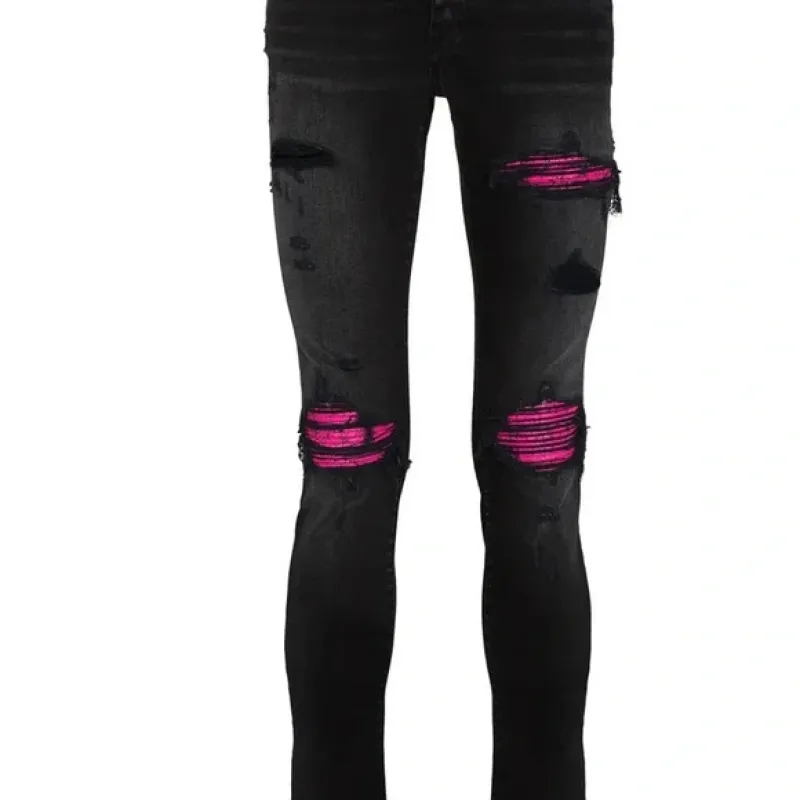 Amiri Distressed MX1 Slim Fit Cracked Jean Black and Pink