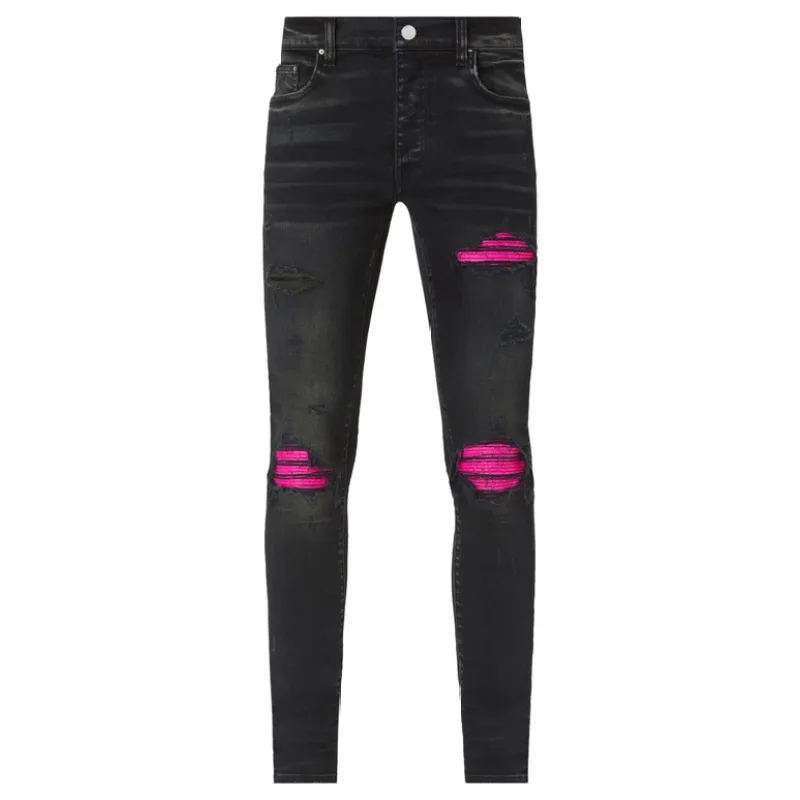 Amiri Distressed MX1 Slim Fit Cracked Jean Black and Pink