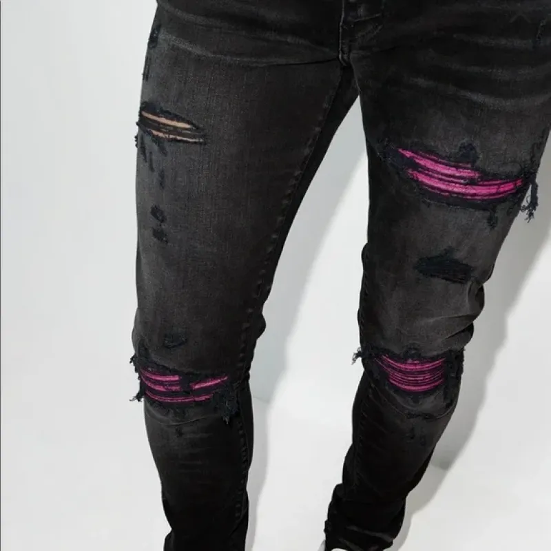 Amiri Distressed MX1 Slim Fit Cracked Jean Black and Pink