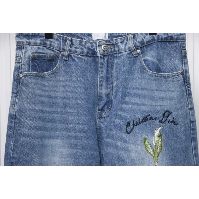 Dior CD embroidered letters plant flowers couple washed jeans
