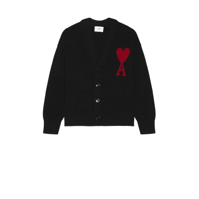 AMI Paris  Monogram Wool Cardigan Black Red 01