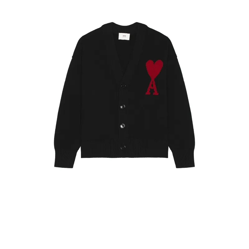 AMI Paris  Monogram Wool Cardigan Black Red