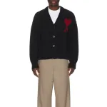 AMI Paris  Monogram Wool Cardigan Black Red
