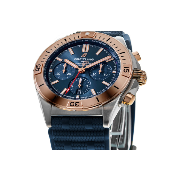 Breitling Chronomat B01 Chronograph Blue Dial Rose Gold Bezel Strap Men's Watch UB0134101C1S1