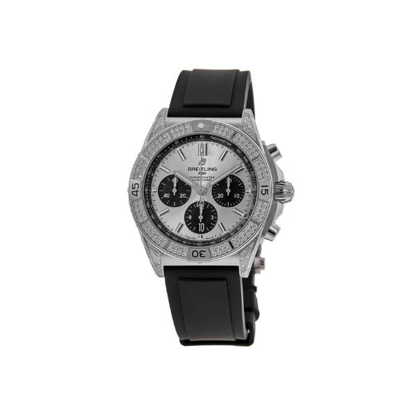 Breitling Chronomat B01 Chronograph Silver Diamond Bezel Black Strap Men's Watch AB0134721G1S1