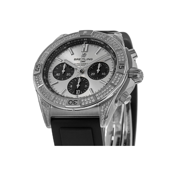 Breitling Chronomat B01 Chronograph Silver Diamond Bezel Black Strap Men's Watch AB0134721G1S1