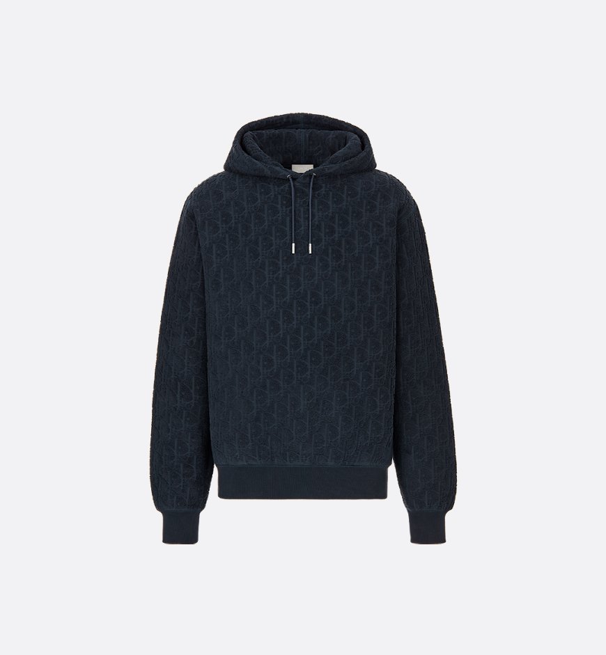 Dior Oblique Relaxed-Fit Hooded Sweatshirt Navy Blue Cotton Fleece
