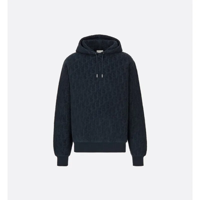 Dior Oblique Relaxed-Fit Hooded Sweatshirt Navy Blue Cotton Fleece