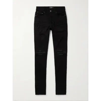 AMIRI MX1 Skinny-Fit Leather-Panelled Distressed Jeans PK0218 01
