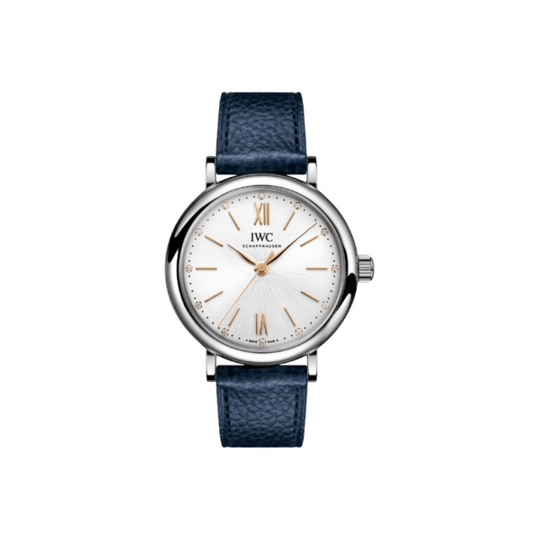Pkstockx IWC Portofino Automatic Silver Diamond Dial Blue Leather Strap Women's Watch IW357411