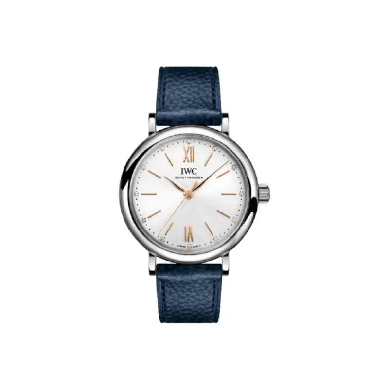 Pkstockx IWC Portofino Automatic Silver Diamond Dial Blue Leather Strap Women's Watch IW357411