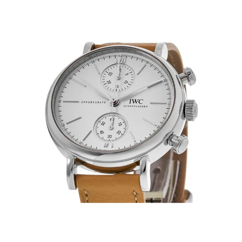 Pkstockx IWC Portofino Chronograph Automatic Silver Dial Beige Leather Strap Men's Watch IW391502
