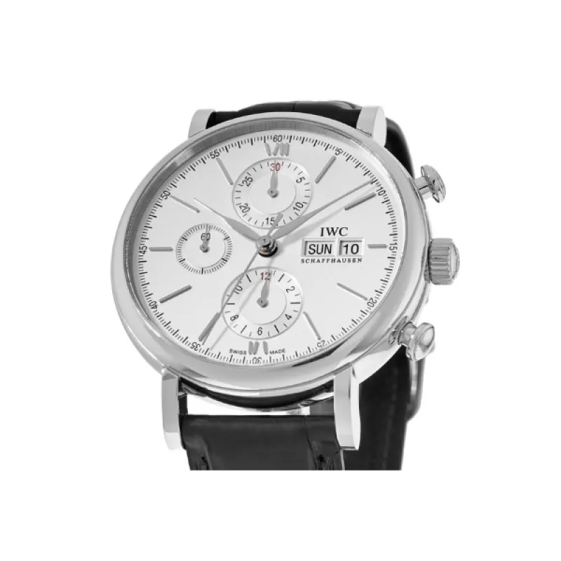 Pkstockx IWC Portofino Chronograph Silver Dial Black Leather Strap Men's Watch IW391027