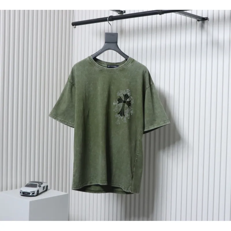 Chrome Hearts Hot Diamond Cross Water Short Sleeve Olive Green