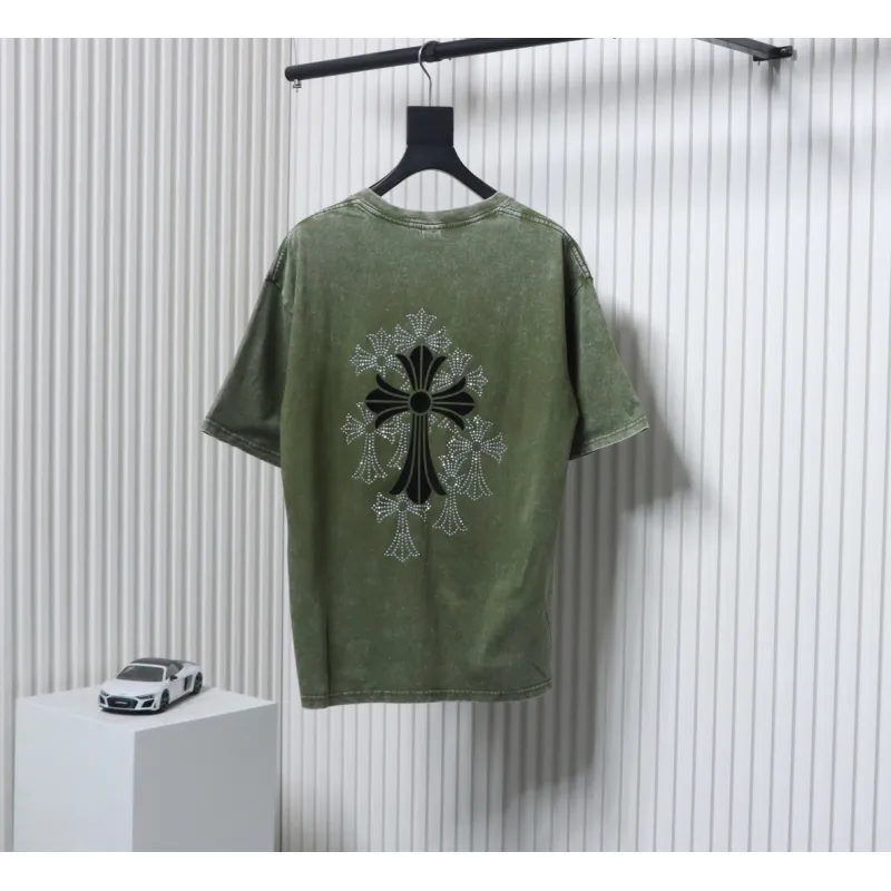 Chrome Hearts Hot Diamond Cross Water Short Sleeve Olive Green