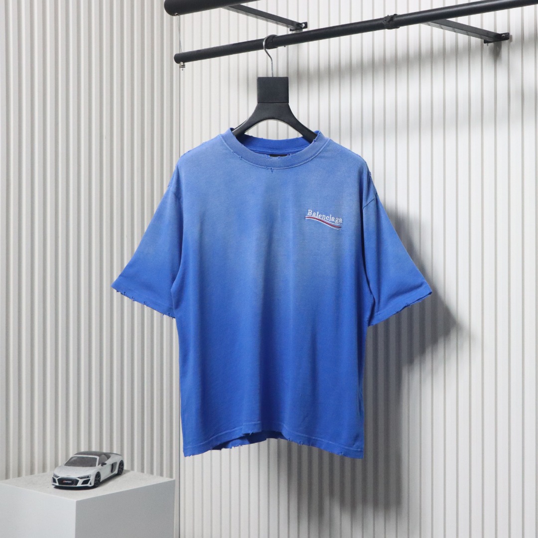 Balenciaga 25ss washed cola embroidery fried color hole short-sleeved T-shirt blue