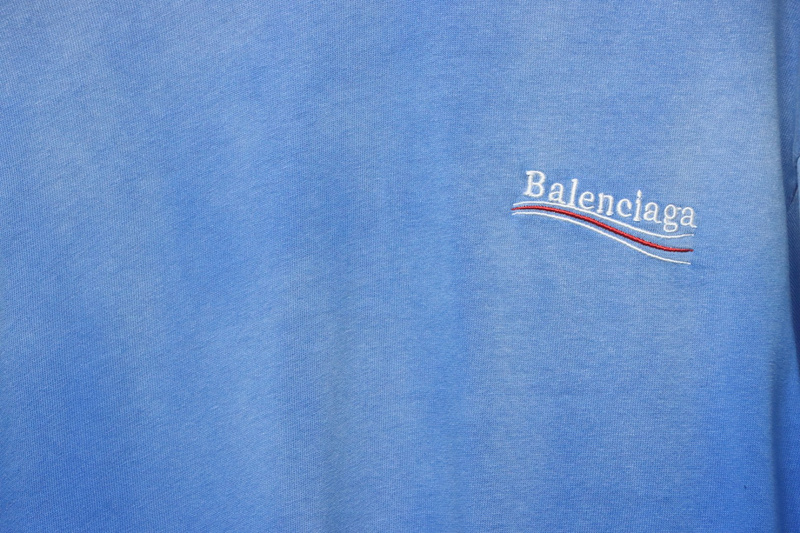 Balenciaga 25ss washed cola embroidery fried color hole short-sleeved T-shirt blue