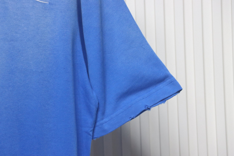 Balenciaga 25ss washed cola embroidery fried color hole short-sleeved T-shirt blue