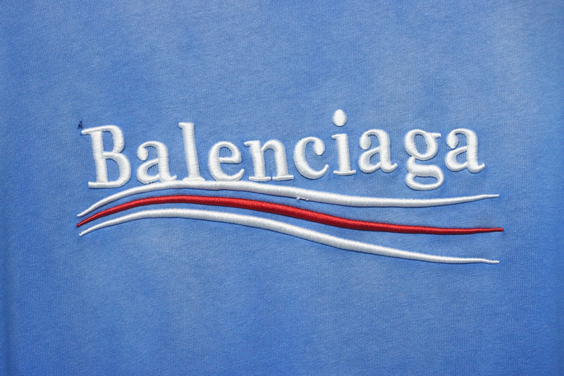 Balenciaga 25ss washed cola embroidery fried color hole short-sleeved T-shirt blue