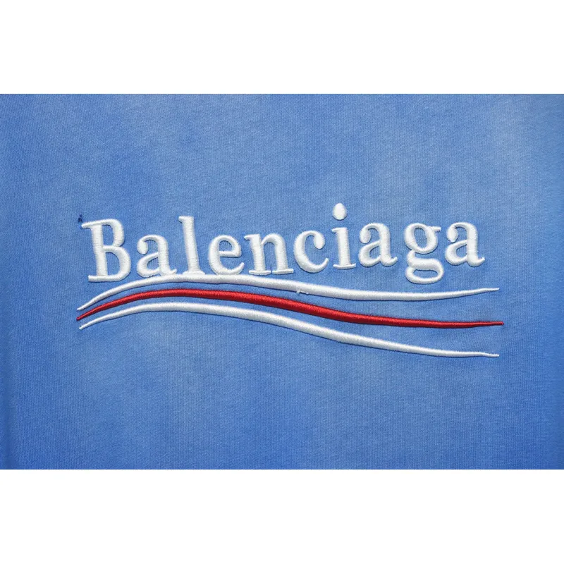 Balenciaga 25ss washed cola embroidery fried color hole short-sleeved T-shirt blue