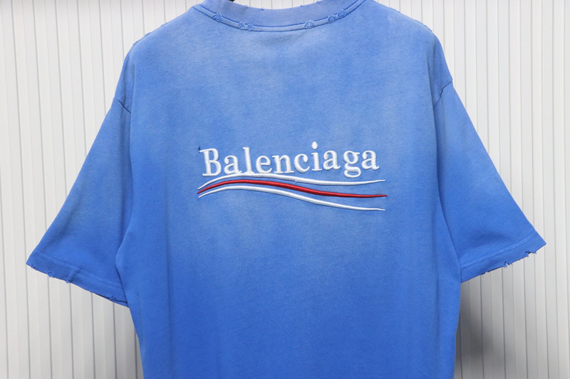 Balenciaga 25ss washed cola embroidery fried color hole short-sleeved T-shirt blue