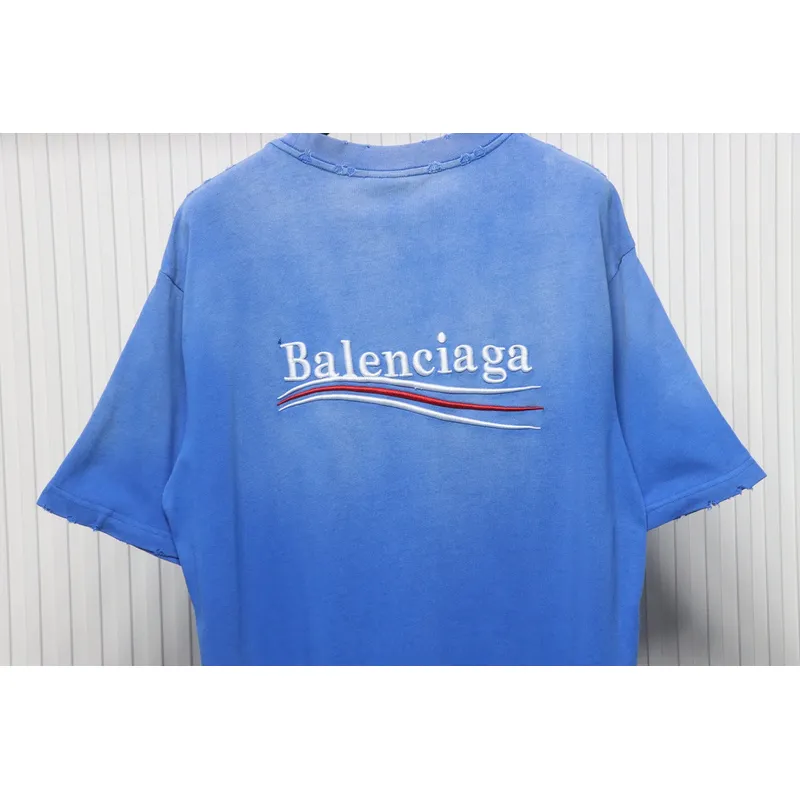 Balenciaga 25ss washed cola embroidery fried color hole short-sleeved T-shirt blue