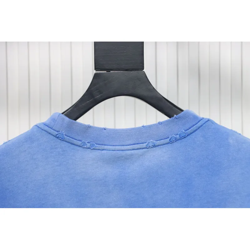 Balenciaga 25ss washed cola embroidery fried color hole short-sleeved T-shirt blue