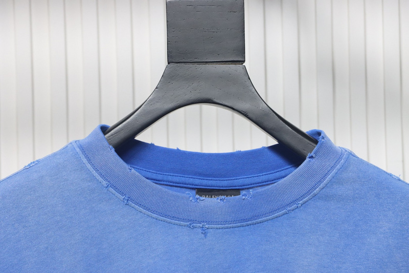 Balenciaga 25ss washed cola embroidery fried color hole short-sleeved T-shirt blue