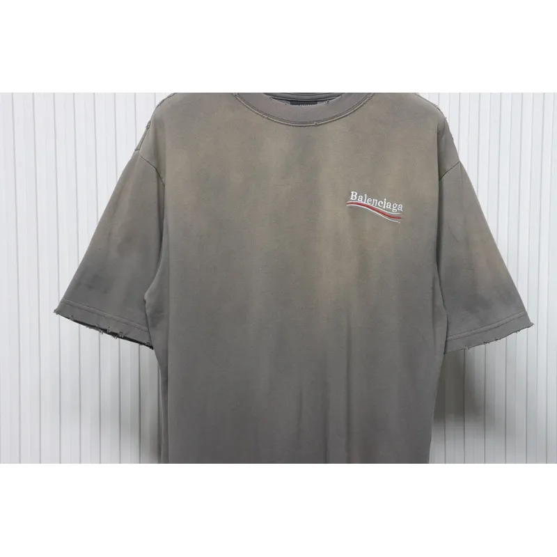 Balenciaga 25ss washed cola embroidery fried color hole short-sleeved T-shirt brown