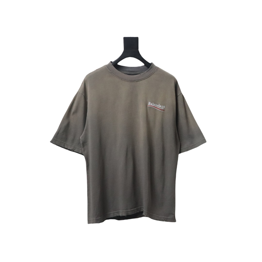 Balenciaga 25ss washed cola embroidery fried color hole short-sleeved T-shirt brown