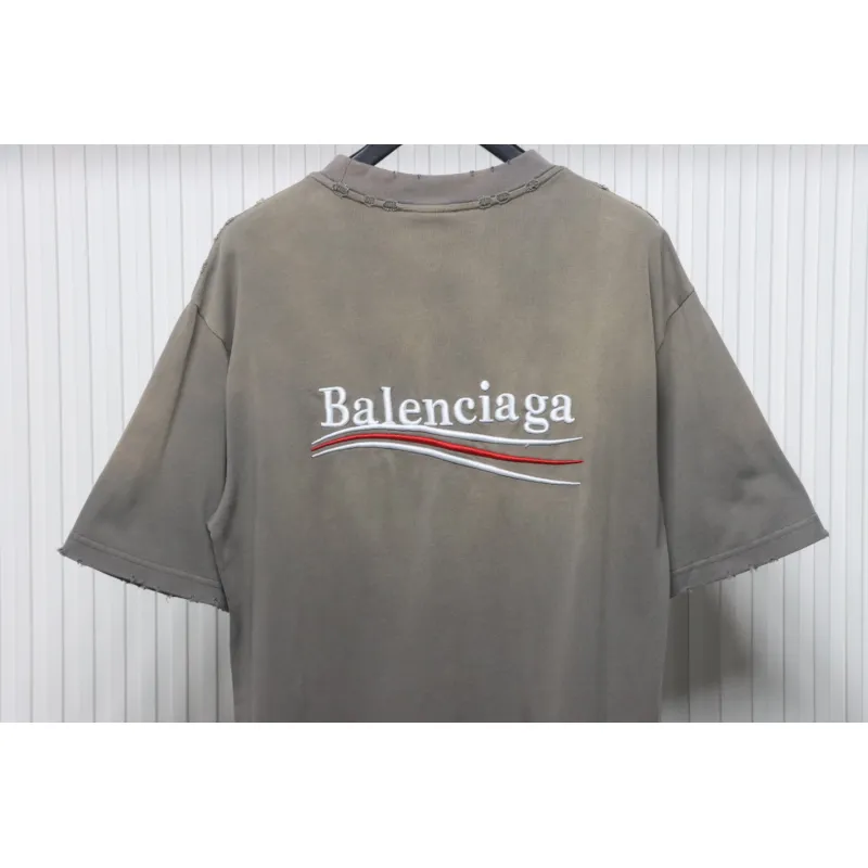 Balenciaga 25ss washed cola embroidery fried color hole short-sleeved T-shirt brown