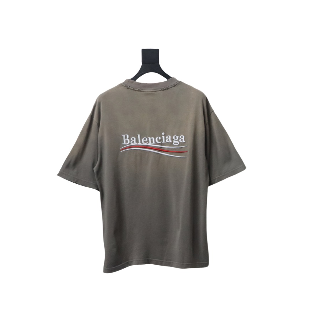 Balenciaga 25ss washed cola embroidery fried color hole short-sleeved T-shirt brown