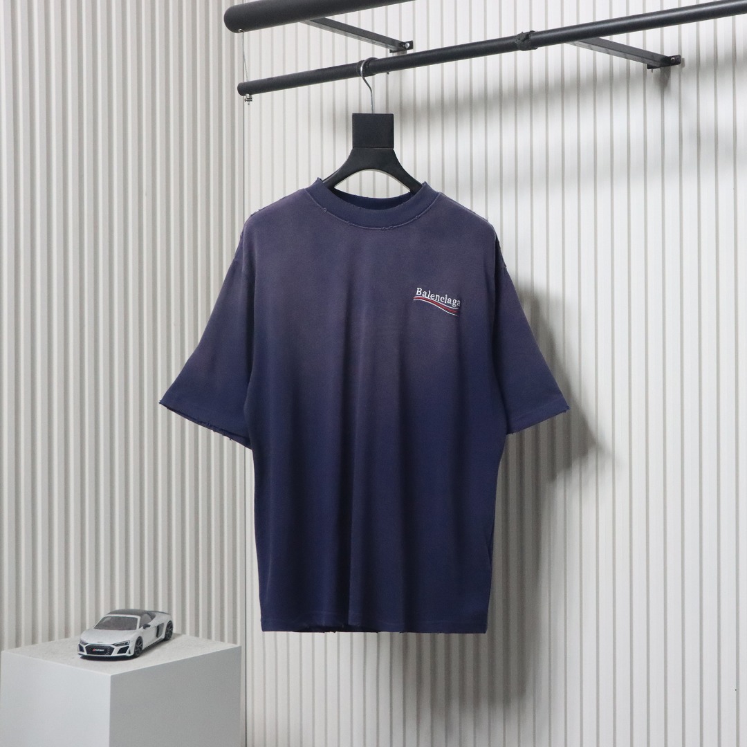 Balenciaga 25ss washed cola embroidery fried color hole short-sleeved T-shirt dark blue