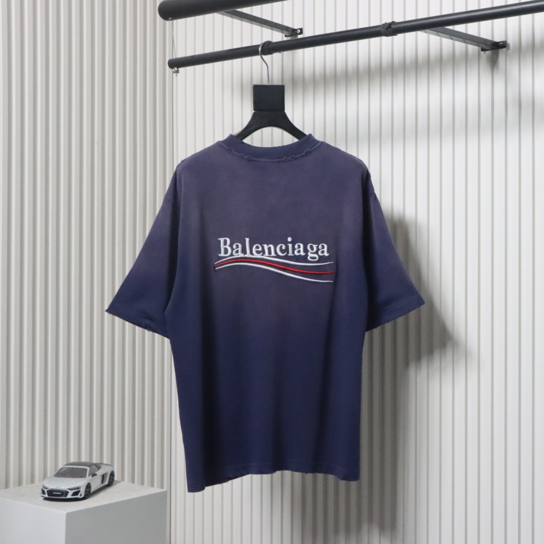 Balenciaga 25ss washed cola embroidery fried color hole short-sleeved T-shirt dark blue